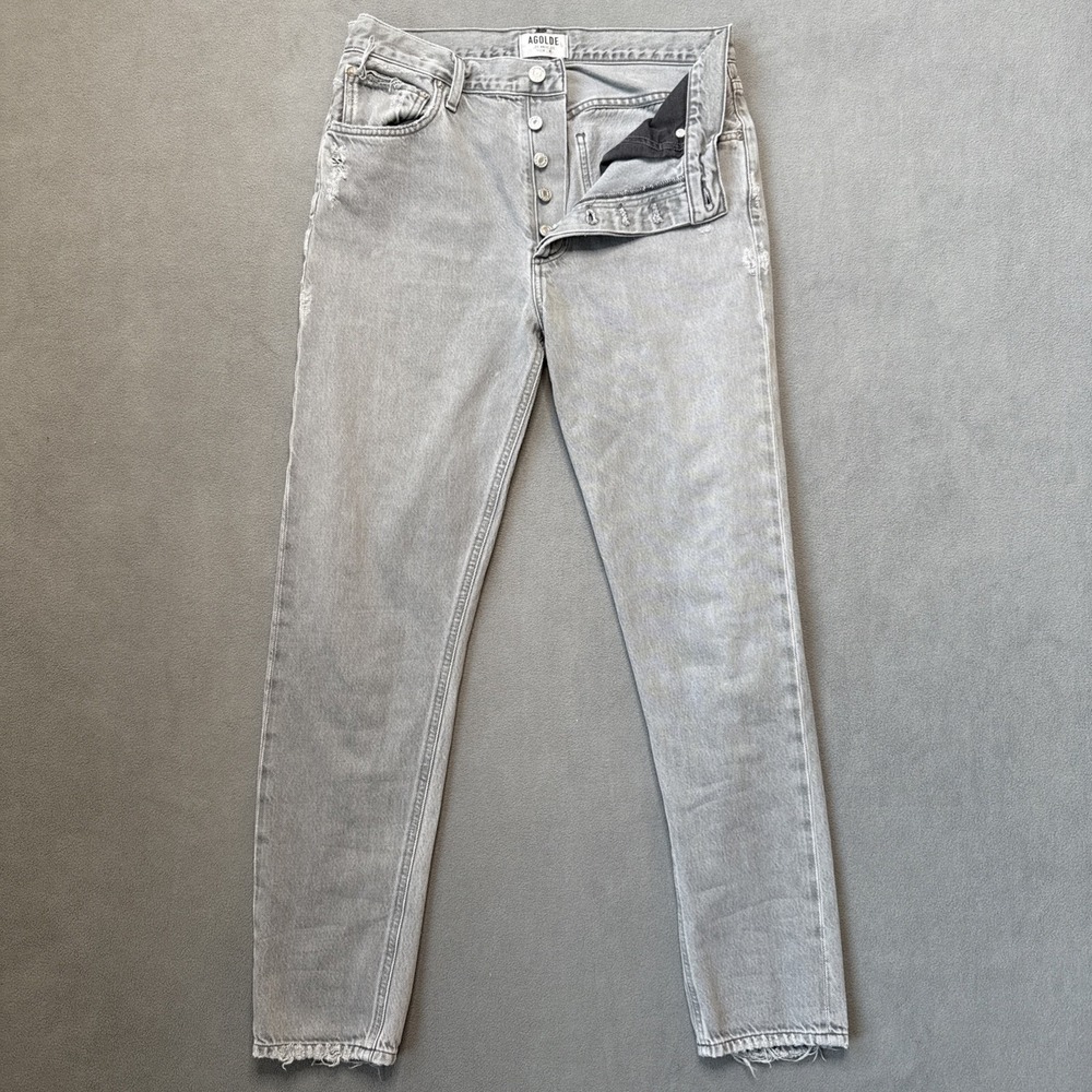 AGOLDE Jeans Womens 27 Gray Slim High Rise Button Fly Distressed Premium‎ Denim